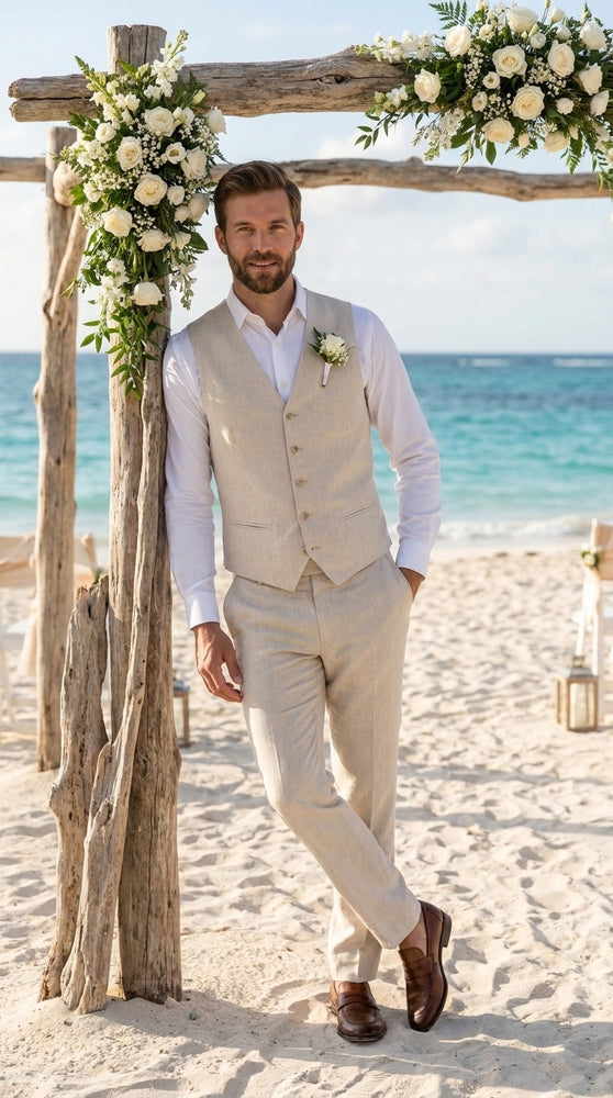 Men’s Ivory Linen Vest and Pants Set – 2-Piece Wedding, Beach and Summer Formal Outfit