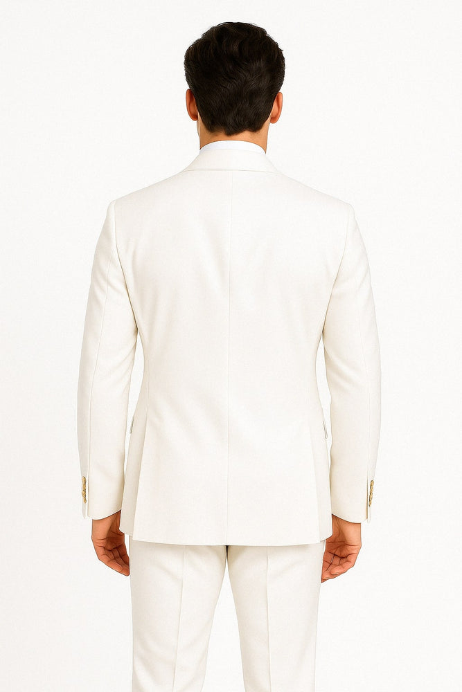 Mens White Double-Breasted Suit with Gold Buttons – Formal Slim Fit 2-Piece Set