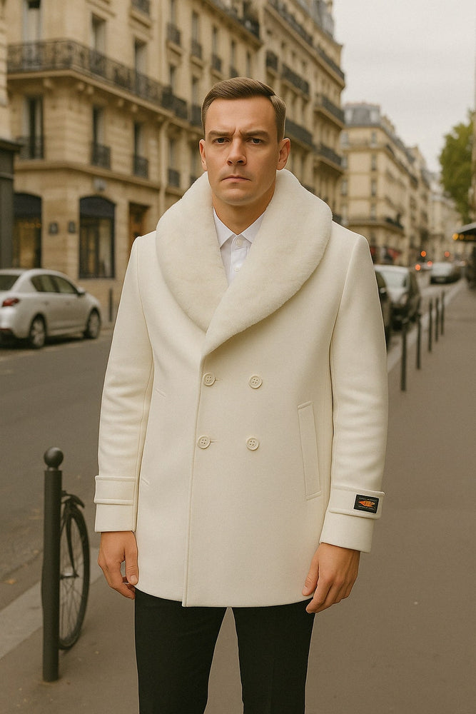 Mens White Peacoat Double-Breasted Overcoat with Faux Fur Shawl Collar – Alberto Nardoni Collection Wool Fabric