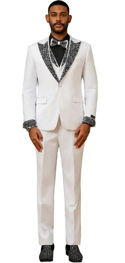White Prom Tuxedo - Perfect Wedding Suit Vested Rhinestone sequin Lapelled