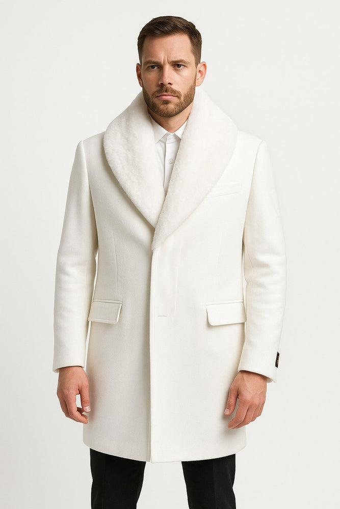 Mens White Wool Overcoat with Plush Faux Fur Shawl Collar – Alberto Nardoni Formal Winter Coat