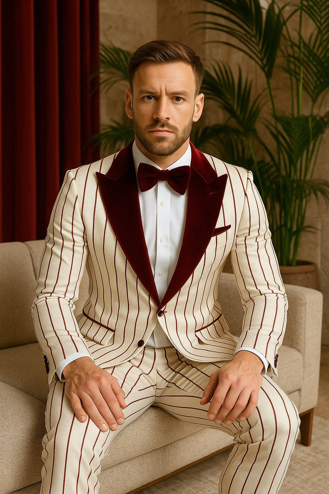 Mens White and Burgundy Pinstripe Tuxedo with Velvet Shawl Lapel and Matching Bow Tie