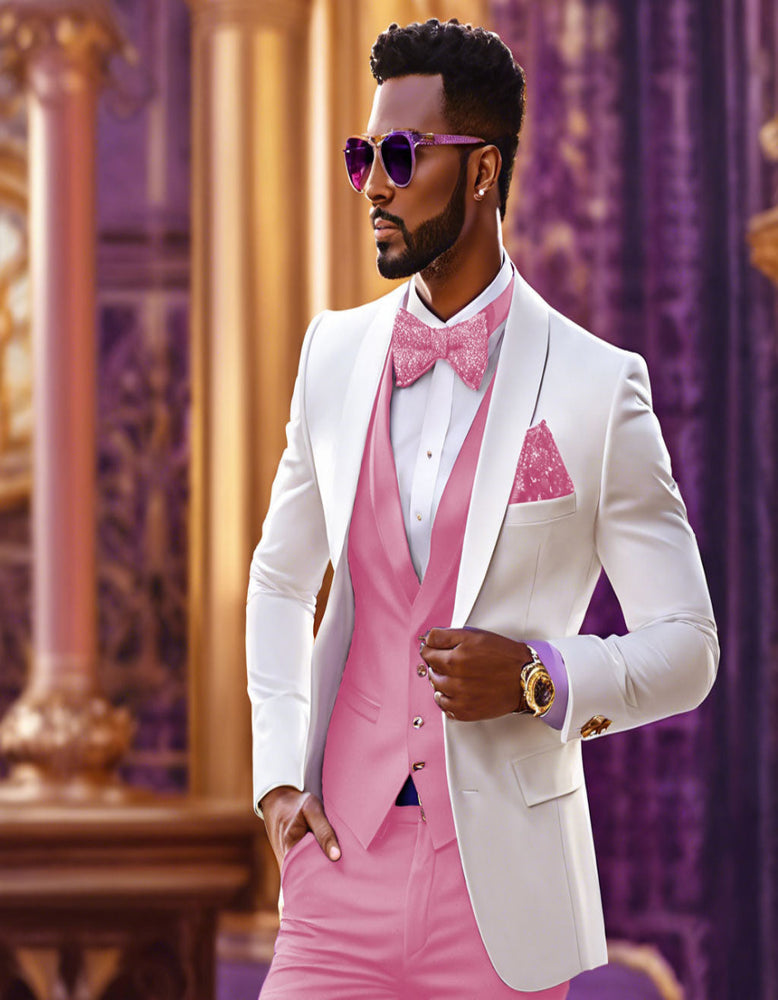 White and Light Pink Tuxedo Wedding Suit - White Dinner Jacket + Vest + Pants + Bow-tie