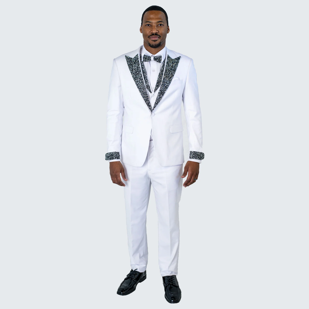 White Peak Lapel Stone Tuxedo – Men’s 4-Piece Wedding Set