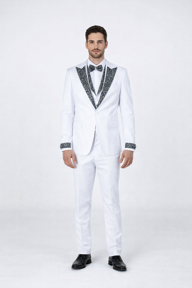 White Peak Lapel Stone Tuxedo – Men’s 4-Piece Wedding Set