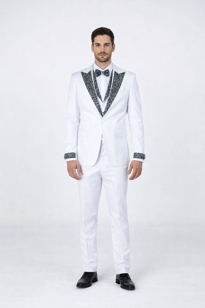White Peak Lapel Stone Tuxedo – Men’s 4-Piece Wedding Set