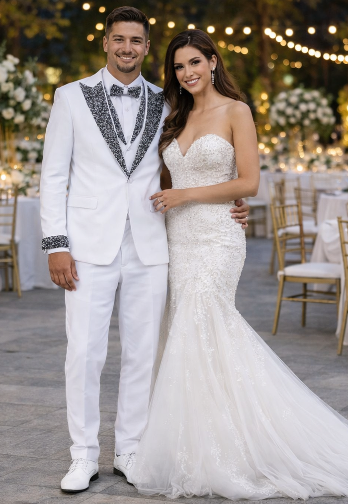 White Peak Lapel Stone Tuxedo – Men’s 4-Piece Wedding Set
