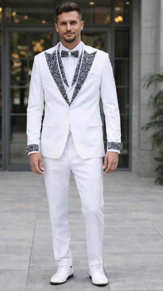 White Peak Lapel Stone Tuxedo – Men’s 4-Piece Wedding Set