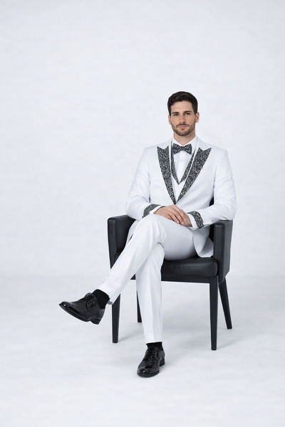 White Peak Lapel Stone Tuxedo – Men’s 4-Piece Wedding Set