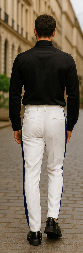White Tuxedo With Navy Blue Sateen Stripe Pants