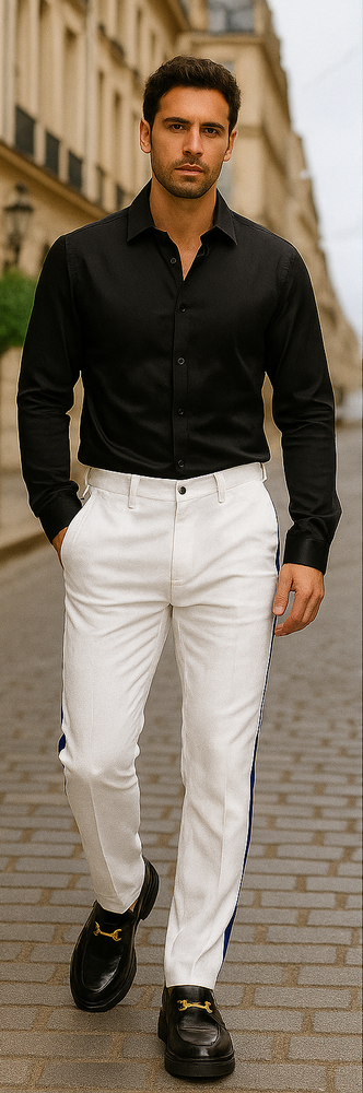 White Tuxedo With Navy Blue Sateen Stripe Pants