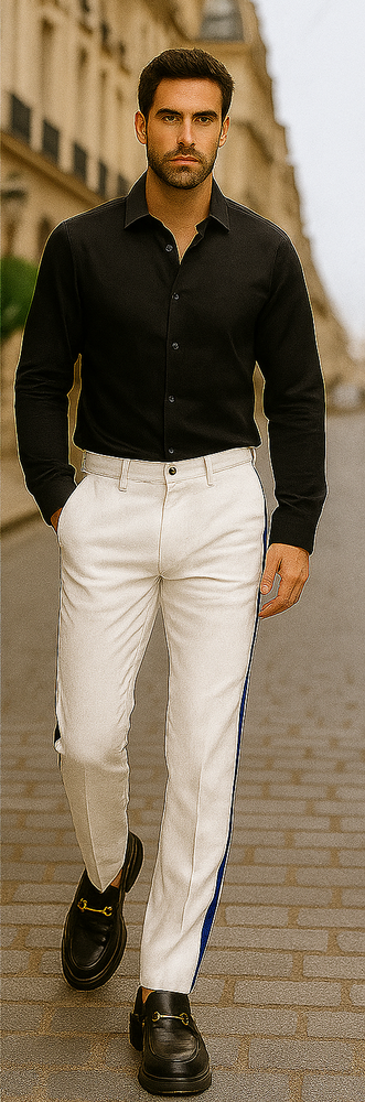White Tuxedo With Navy Blue Sateen Stripe Pants