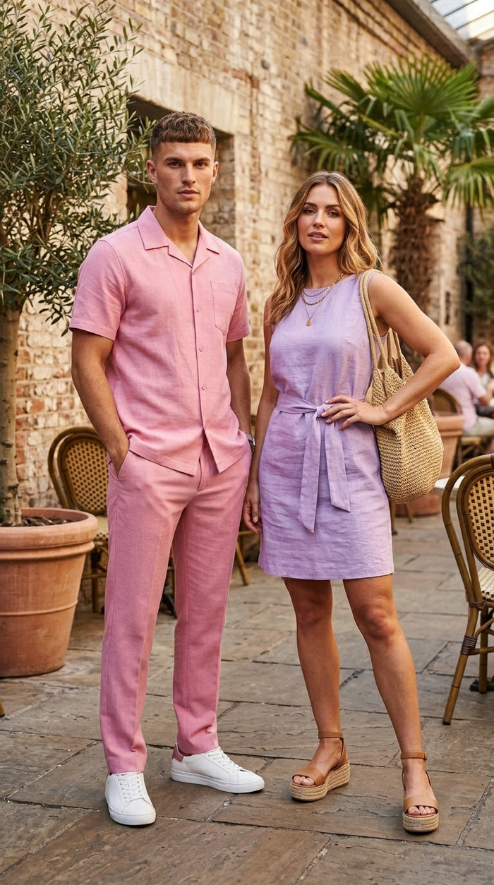 Men’s Lilac Pink Linen Walking Suit with Short Sleeve Shirt and Matching Pants, Summer Casual Outfit