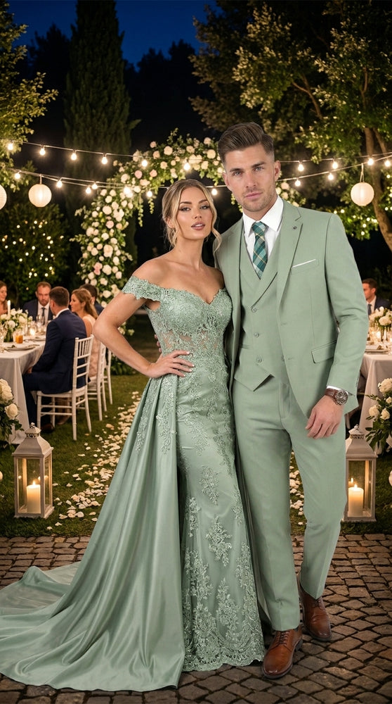 Men’s Sage Green 3 Piece Suit with Jacket, Vest and Pants, Light Green Summer Wedding Suit