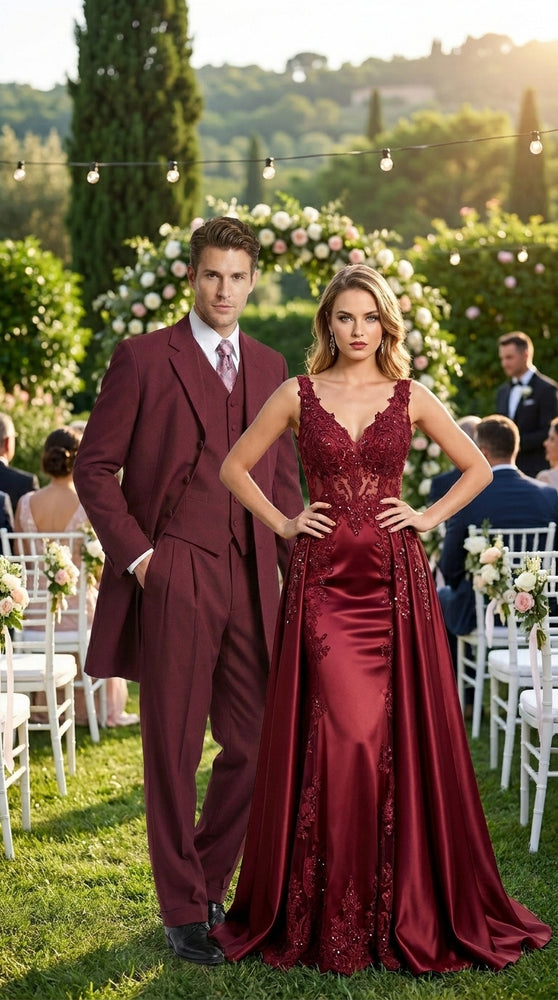 Men’s Burgundy Maroon Zoot Suit with 38 Inch Long Jacket, Wine Color 3 Piece Fashion Suit