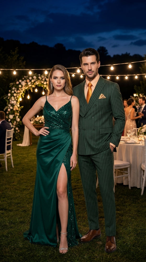 Rockefeller Collection Men’s Hunter Green Double Breasted Pinstripe Suit, Regular Fit 2 Piece Formal Business Suit Set