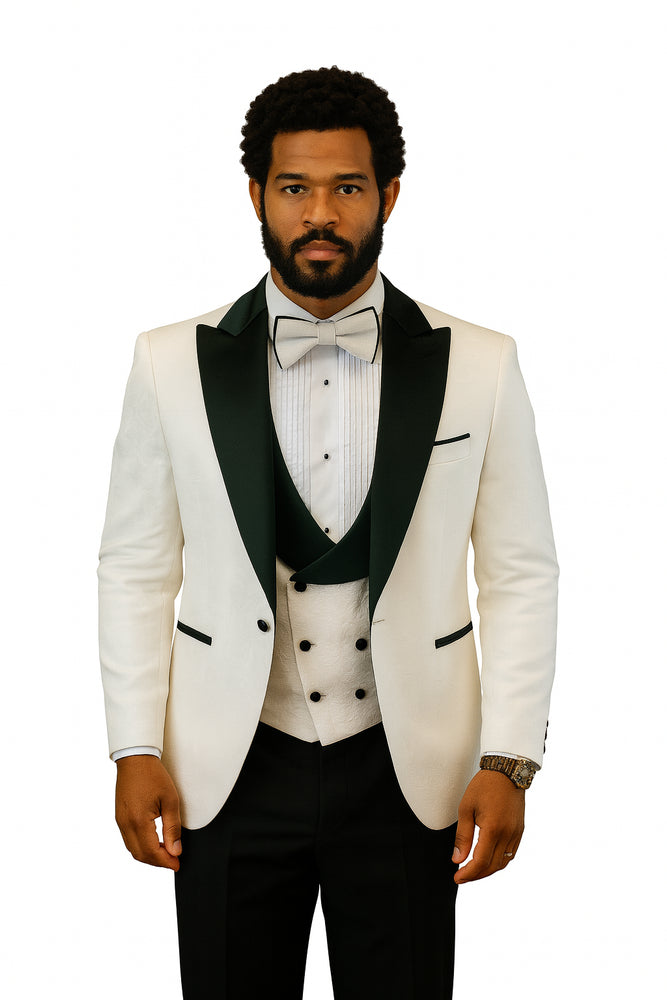 Hilton White and Black Paisley Peak Lapel Tuxedo Jacket with Matching Shawl Vest and Wool Pants – Includes Bow Tie