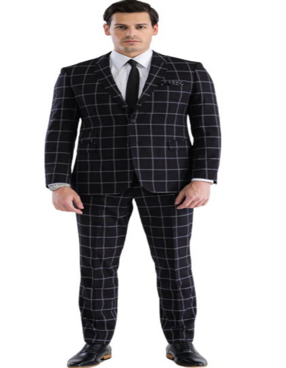 Mens Plaid Suit - Windowpane Pattern With Vest - Business Suit Black ...