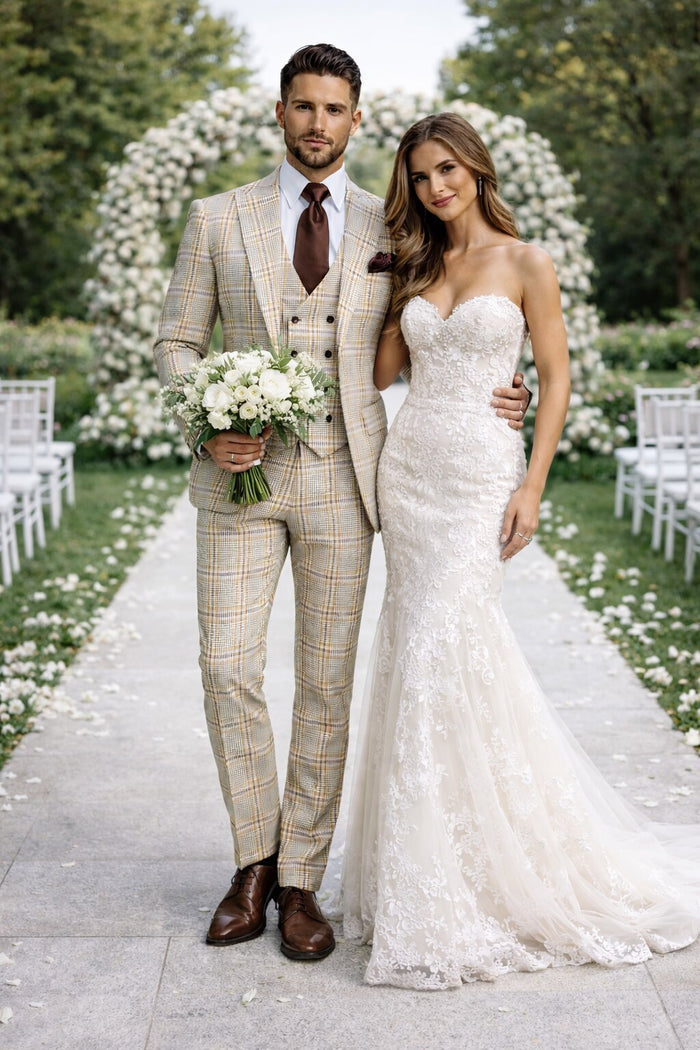Beige & Brown Windowpane 3-Piece Modern Classic Suit by Rossiman