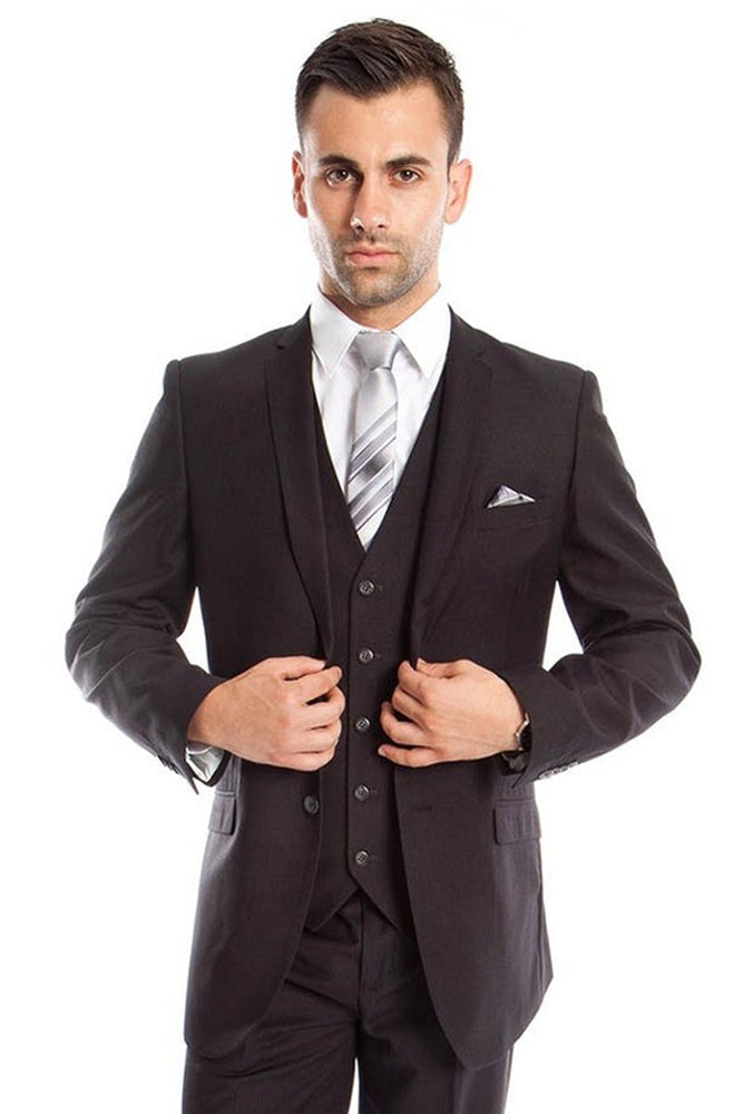 Men's Charcoal Grey Vested Slim Fit Suit by Tazzio Suits