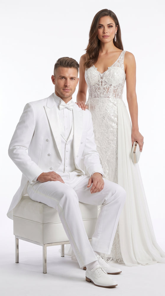 Men’s White Tailcoat Tuxedo with Lapelled Vest, Formal Wedding White Tie Tail Suit