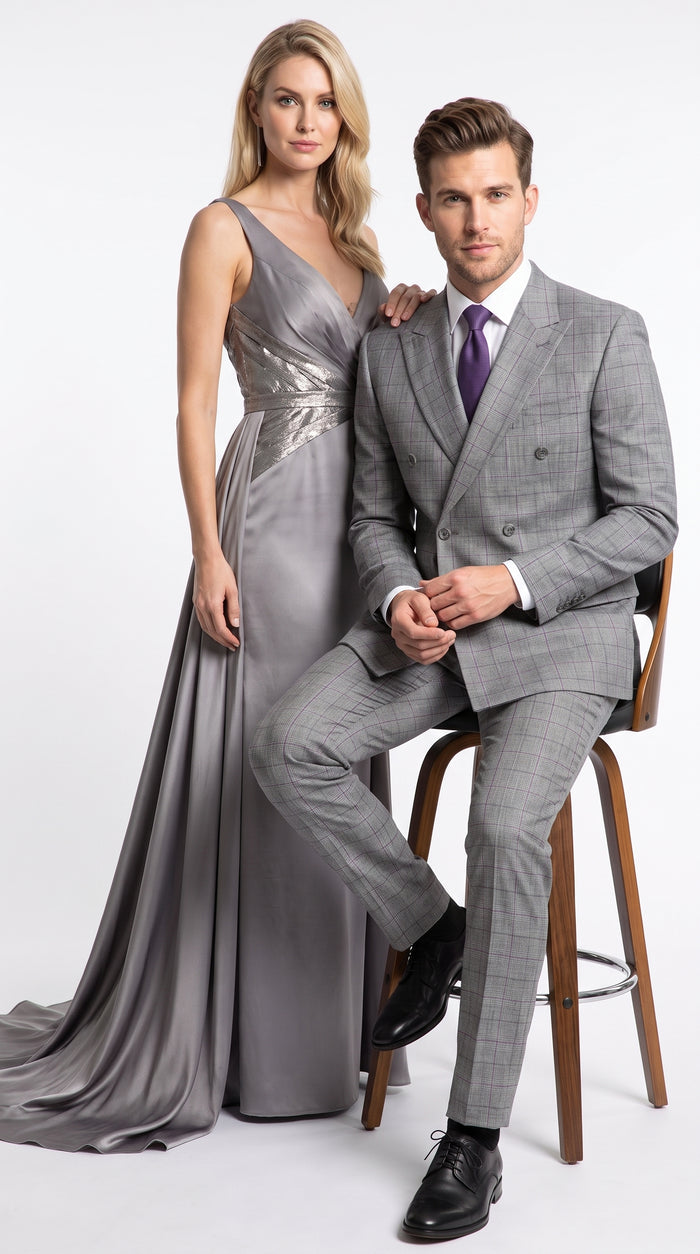 Men’s Grey Glen Plaid Double Breasted Suit, Classic Wool Feel Formal Wedding Business Suit