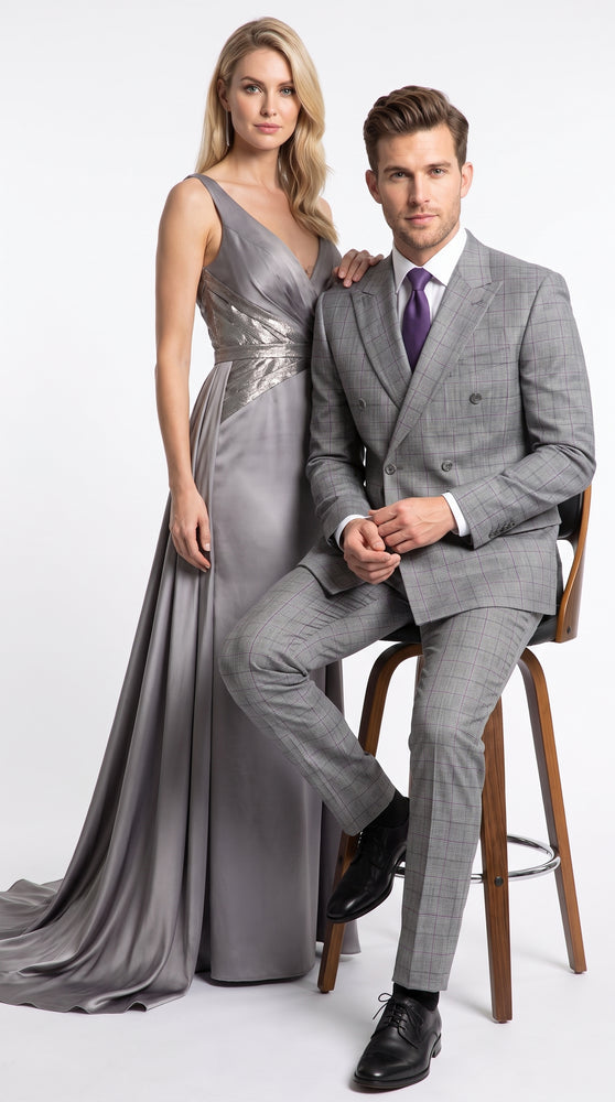 Men’s Grey Glen Plaid Double Breasted Suit, Classic Wool Feel Formal Wedding Business Suit