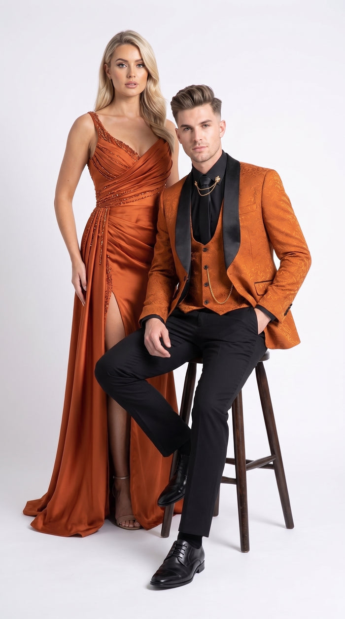 Men’s Burnt Orange Floral Brocade Tuxedo, Designer Formal Wedding Prom Dinner Suit