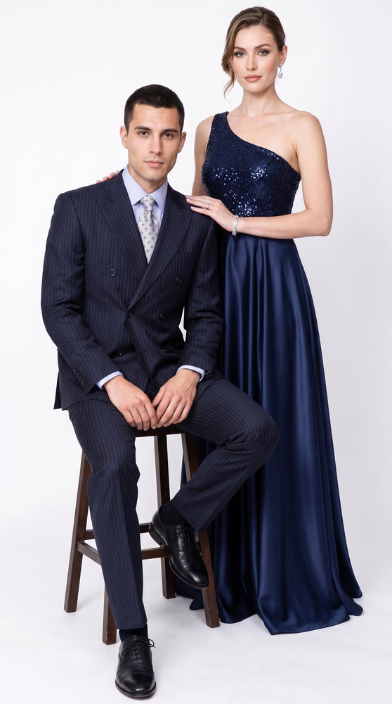Men’s Dark Navy Blue Pinstripe Double Breasted Suit, Formal Business Wedding Dress Suit