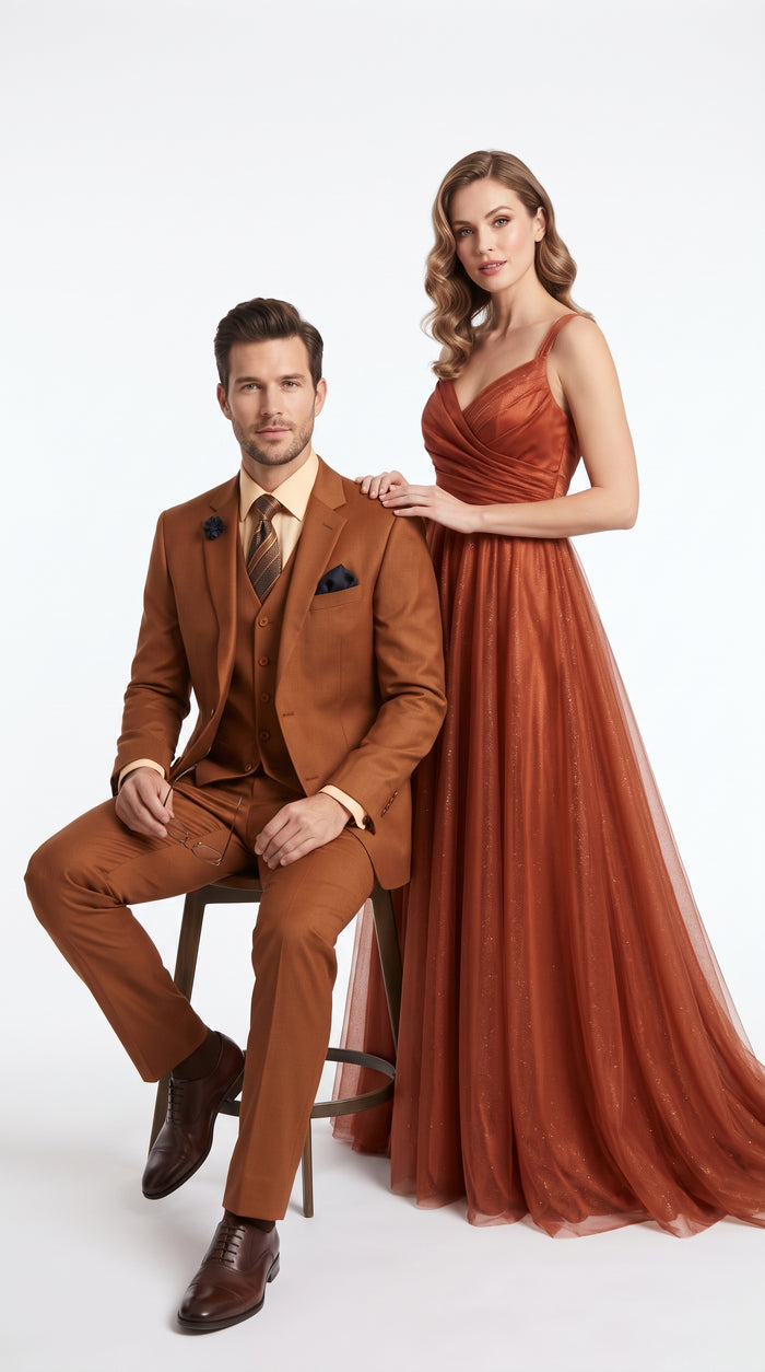 Men’s Copper Rust 3 Piece Vested Suit, Solid 2 Button Formal Wedding Business Suit