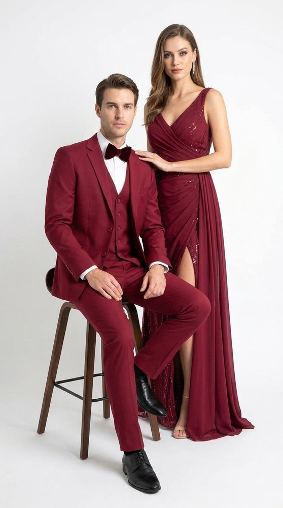 Men’s Red 3 Piece Suit, Tapered European Cut Formal Wedding Prom Suit