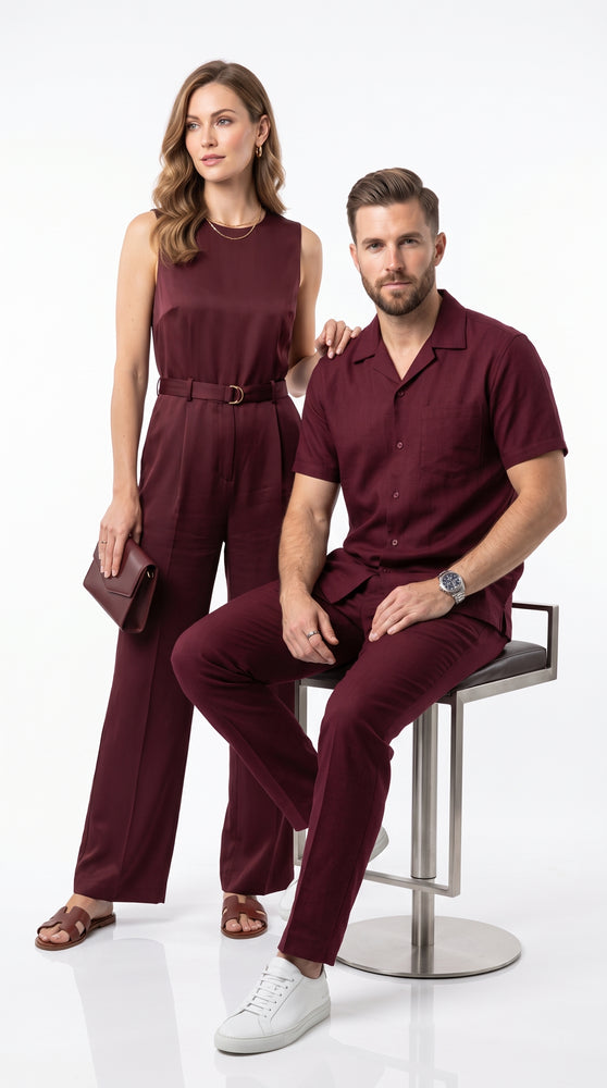 Men’s Burgundy Walking Suit, Big and Tall Casual Shirt and Pants Set up to 6XL