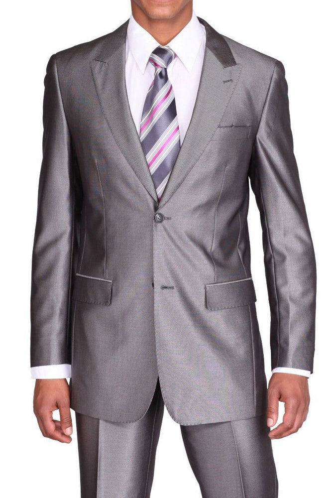 "Sharkskin Slim Fit Suit for Men - Grey, 2 Button Peak Lapel"