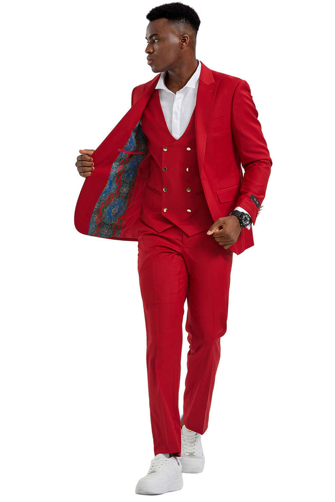 Men's Red Peak Lapel Suit with Gold Buttons by Tazzio Suits