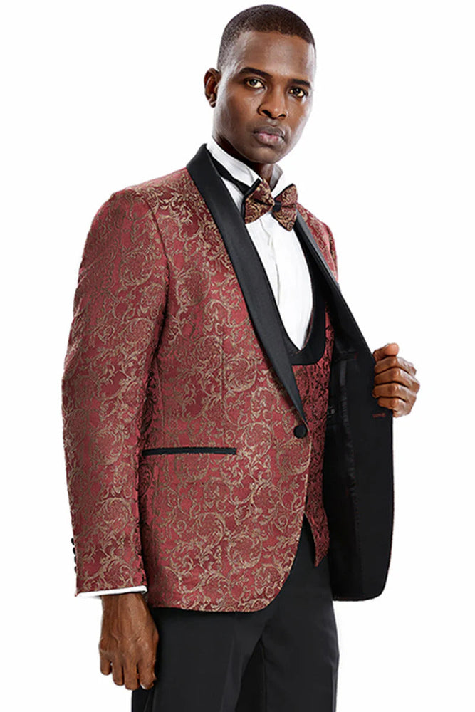Men's One Button Vested Prom 2026 & Wedding Shawl Tuxedo In Red & Gold Paisely