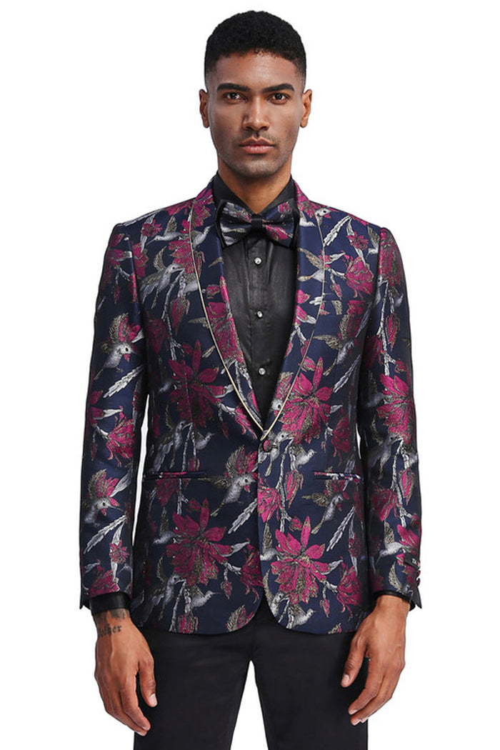 Men's Slim Fit Shawl Lapel Dinner Jacket in Navy & Fuchsia Pink Floral Design