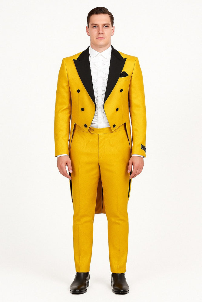 Mens Yellow Tailcoat Tuxedo with Black Lapel and Brocade Detailing – Formal Vintage Style Suit