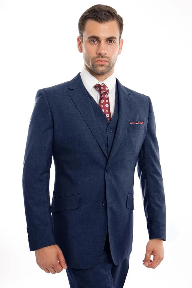 Zegarie Suits - Men's Designer Two Button Modern Fit Vested Wool Suit in Indigo Blue