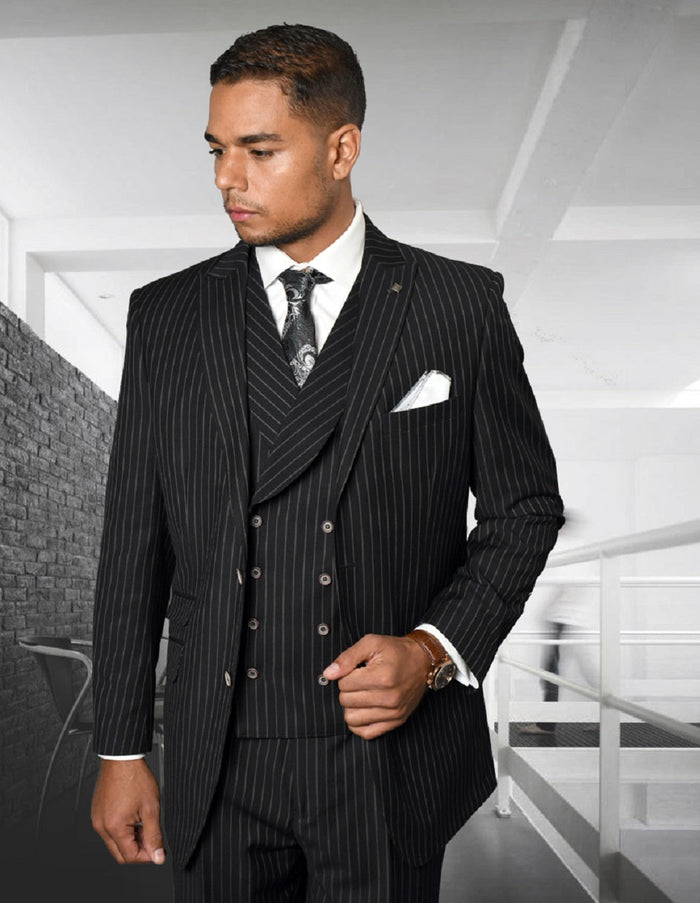 Mens Gangster Pinstripe 2 Button Double Breasted Vest Suit