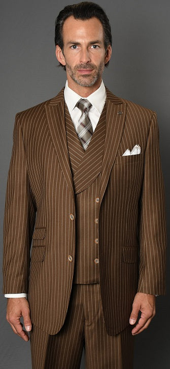 Statement Men's Wool Suit Bronze Stripe 1920s Lapel Vest Zarelli