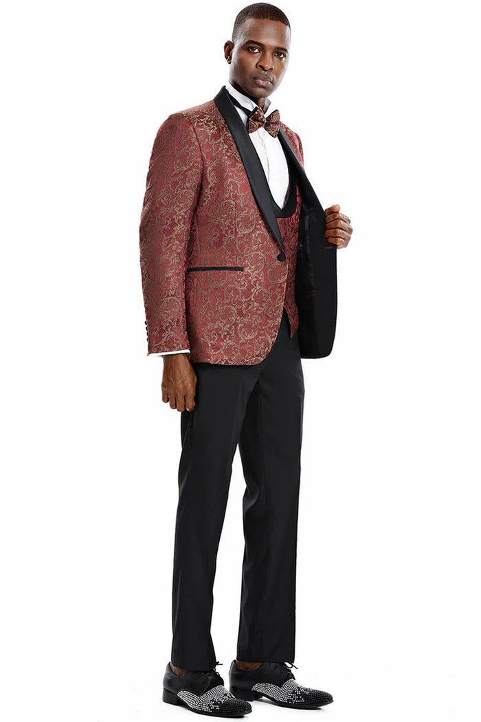 Men's One Button Vested Prom 2026 & Wedding Shawl Tuxedo In Red & Gold Paisely