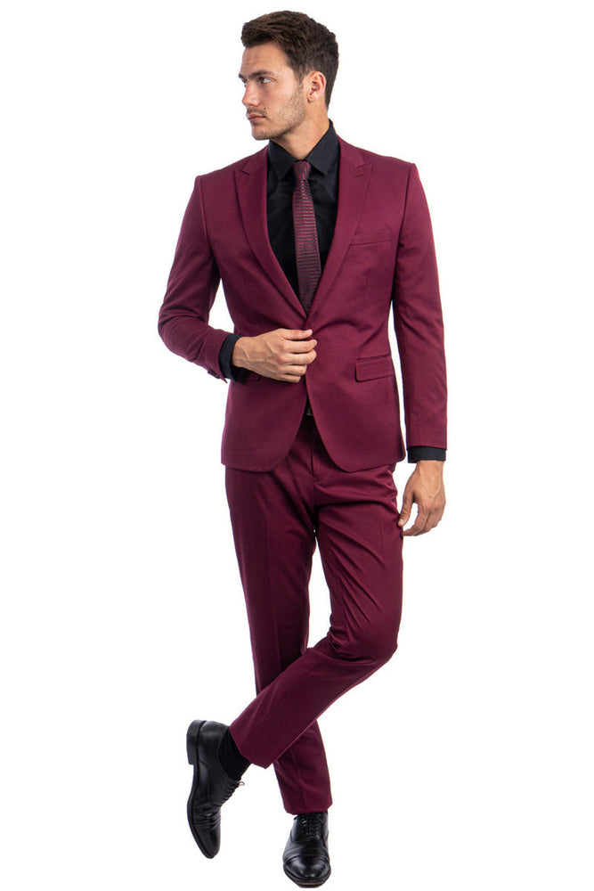 Men's Burgundy Slim Fit Suit with One Button Peak Lapel