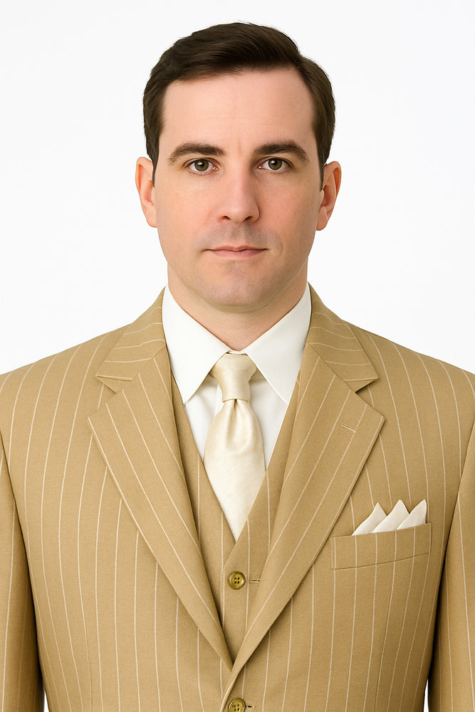 Beige Pinstripe Groom Suit – Elegant Wedding 3-Piece Outfit