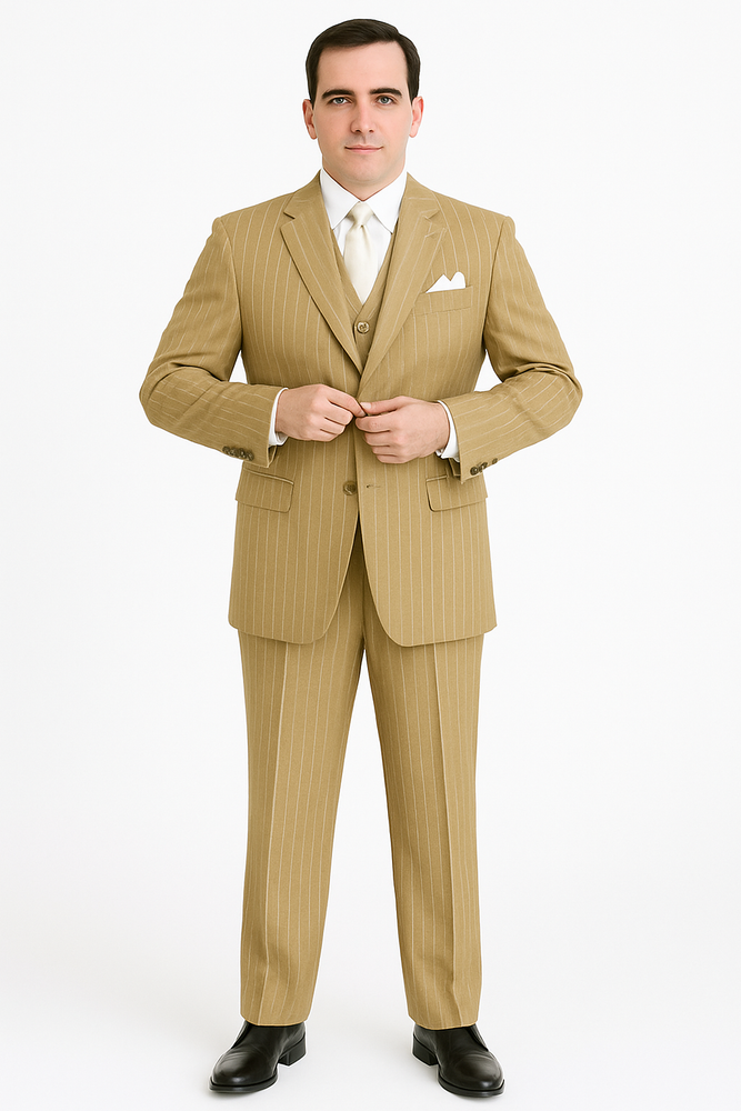 Beige Pinstripe Groom Suit – Elegant Wedding 3-Piece Outfit