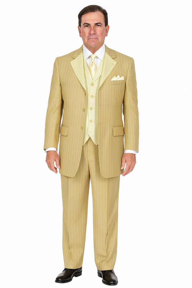 Beige Pinstripe Groom Suit – Elegant Wedding 3-Piece Outfit