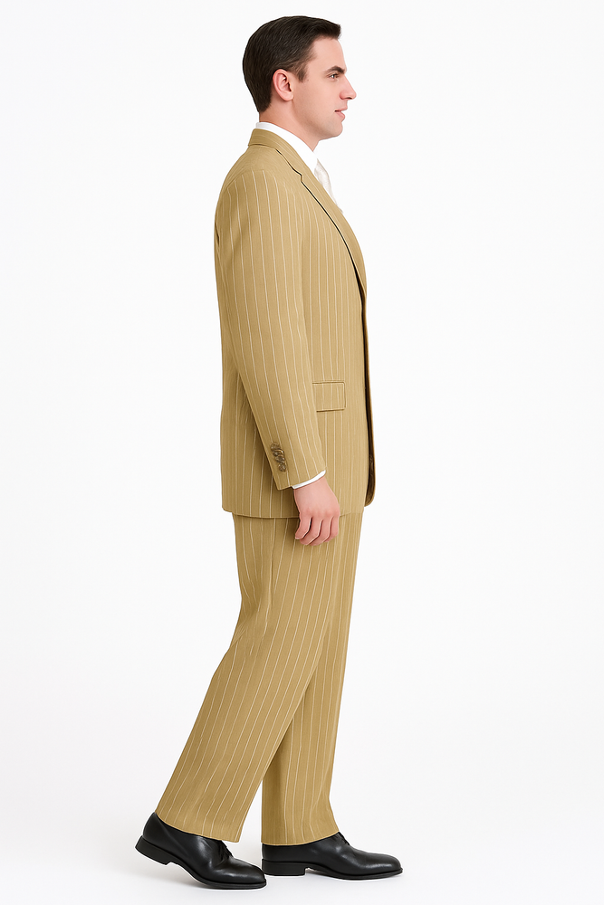 Beige Pinstripe Groom Suit – Elegant Wedding 3-Piece Outfit
