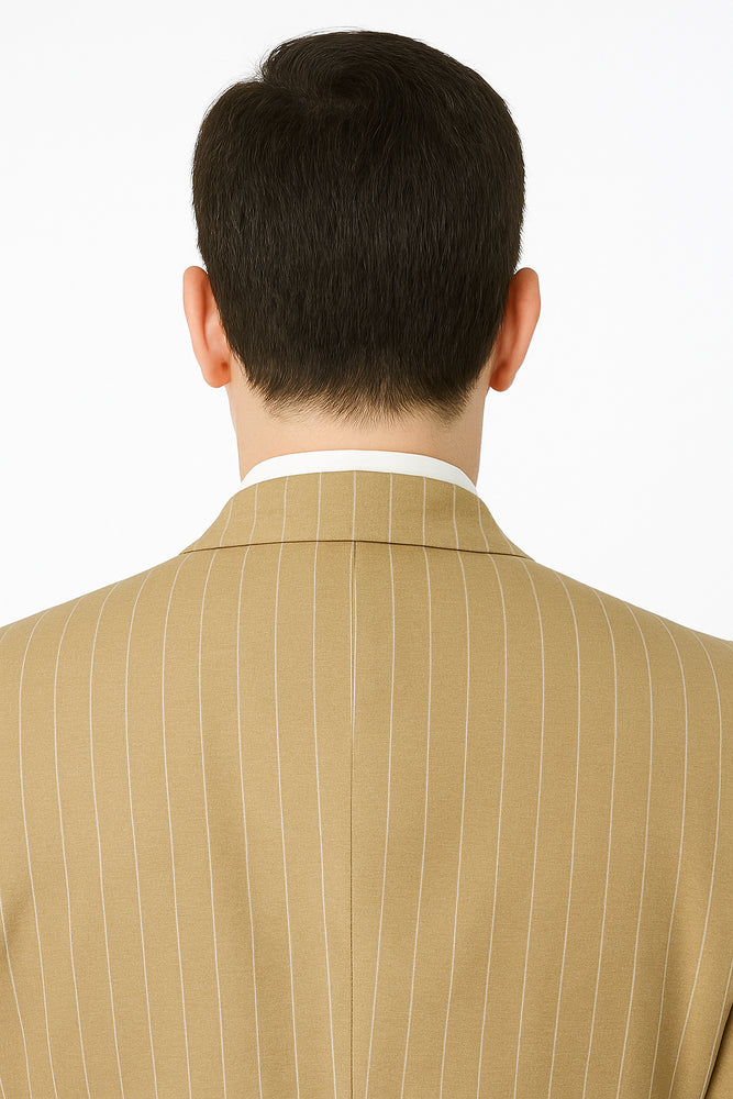 Beige Pinstripe Groom Suit – Elegant Wedding 3-Piece Outfit