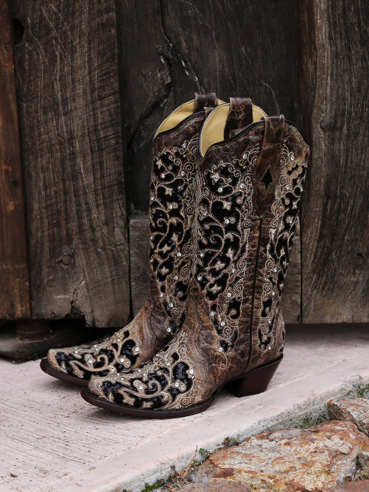 Corral Women's Black Glitter Inlay Crystal Snip Toe Cowboy Boots