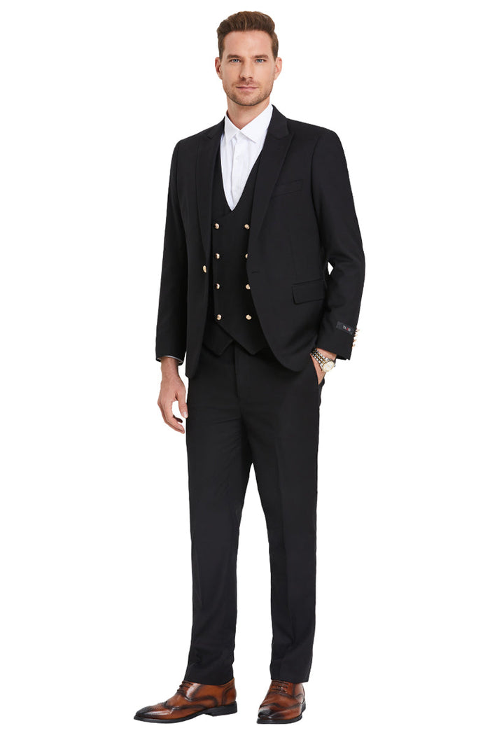 Men's Black Peak Lapel Suit with Gold Buttons