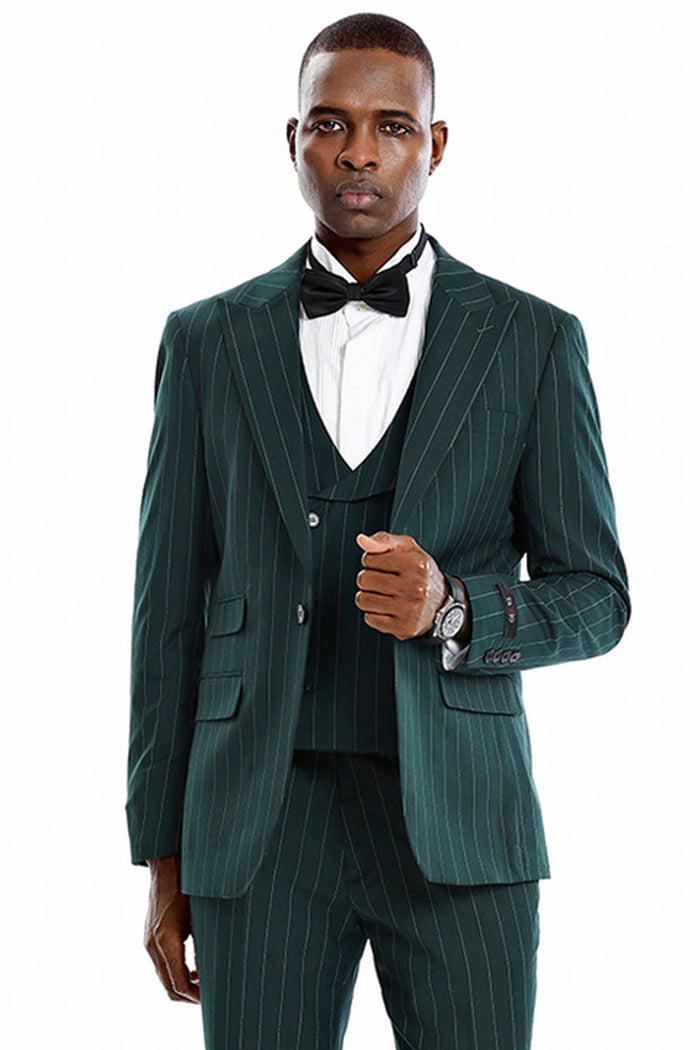 Men's Hunter Green Vested Suit with Bold Pinstripes
